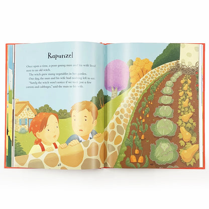 Open book with illustrations of a couple in a garden and text about Rapunzel.
