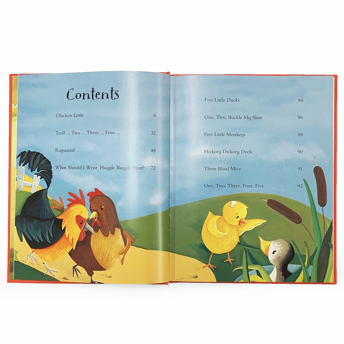Open book showing a colorful illustration of chickens and a duck with a grassy field background.