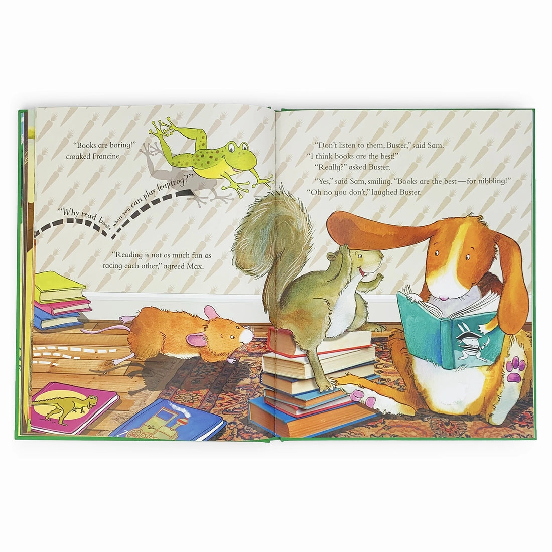 Illustrated book page with animals reading books and interacting.