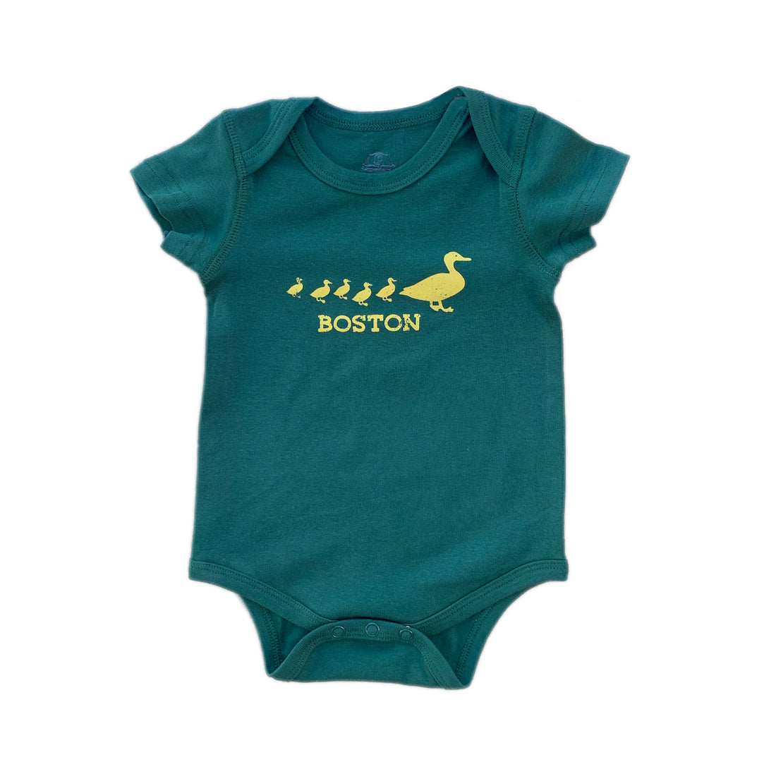 forest green onesie with Boston duckling print