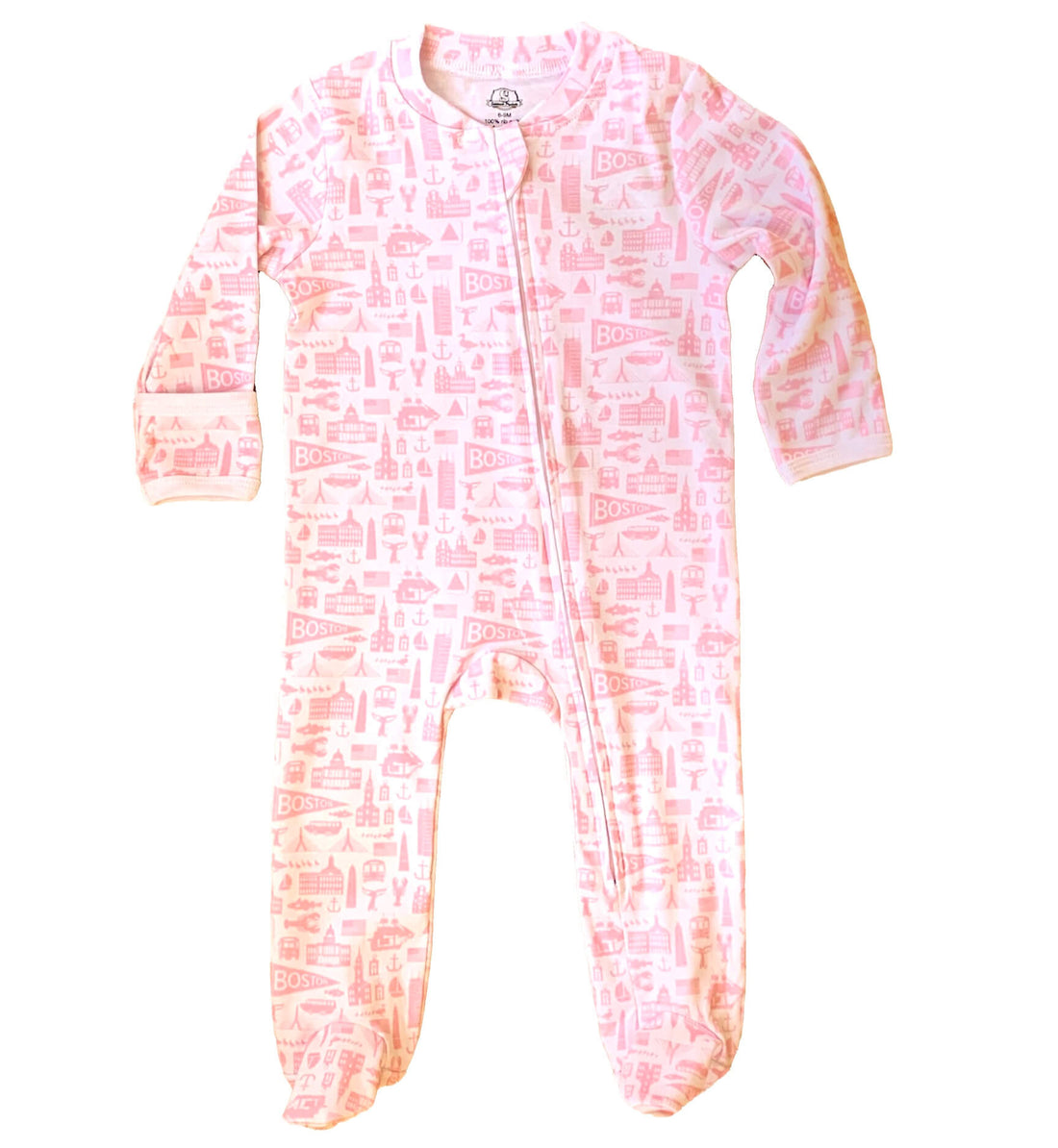 white and pink onesie with boston icon designs all over