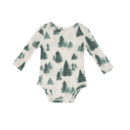 long sleeve waffle texture bodysuit with green pine tree forest print