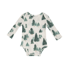 long sleeve waffle texture bodysuit with green pine tree forest print