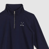 Navy blue pullover with a small embroidered design on a white background