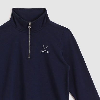 Navy blue pullover with a small embroidered design on a white background