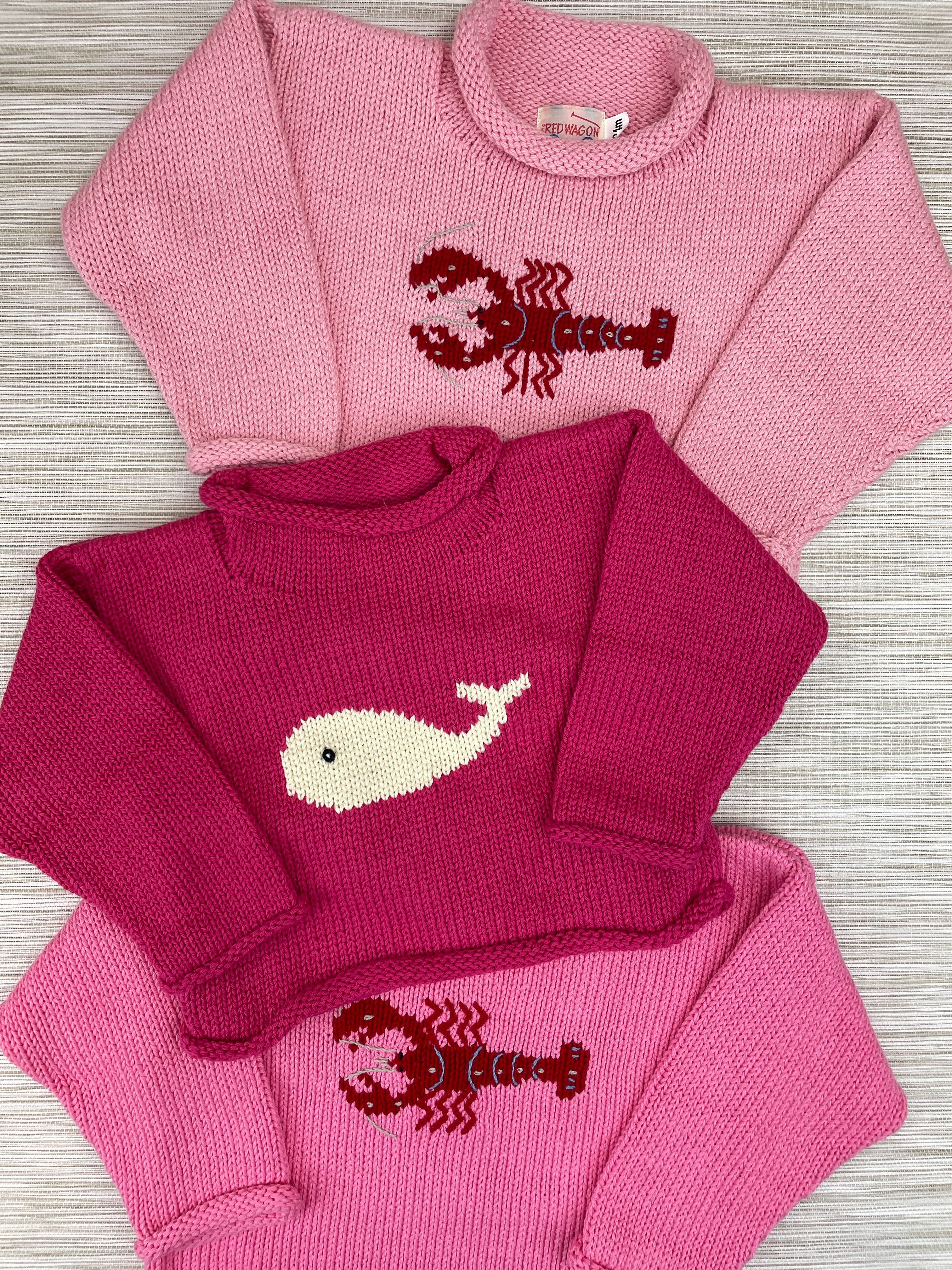 pink whale sweater with pink lobster sweaters