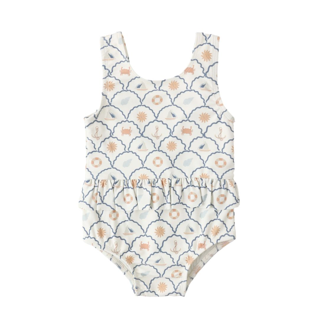 One-piece swimsuit with nautical pattern on a white background