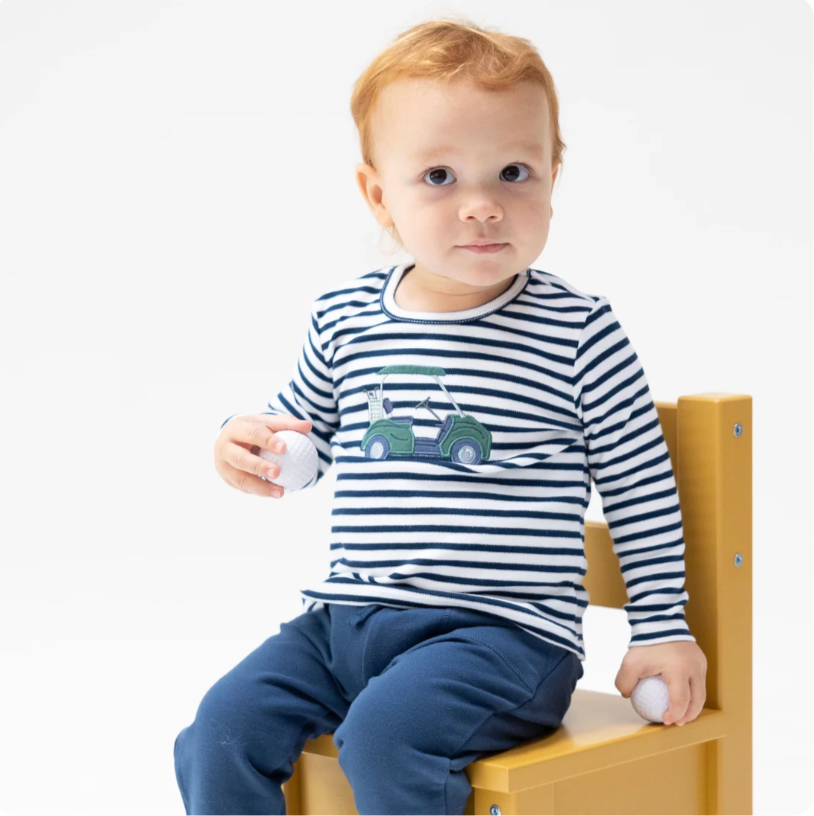 Navy/White Striped Green Golf Cart Long Sleeve Shirt