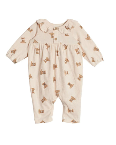 ivory long sleeve romper with teddy bears all over