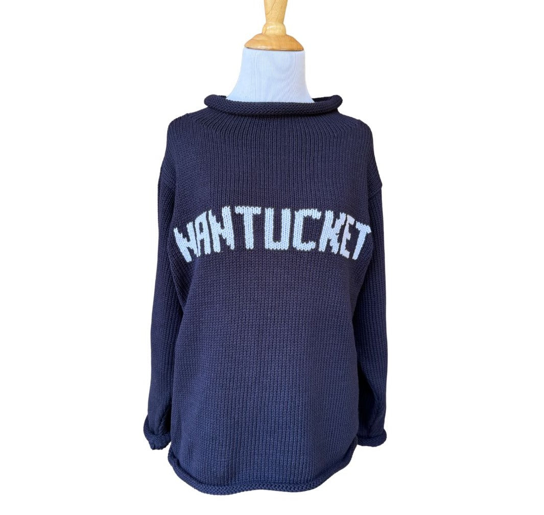 navy sweater with NANTUCKET written in white
