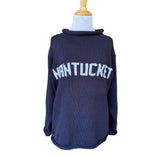 navy sweater with NANTUCKET written in white