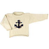ivory roll neck sweater with navy anchor with rope knitted on front center