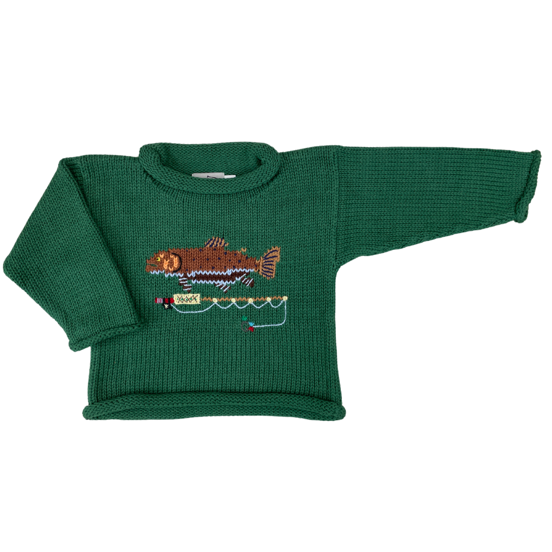 green sweater with trout fish and fishing pole