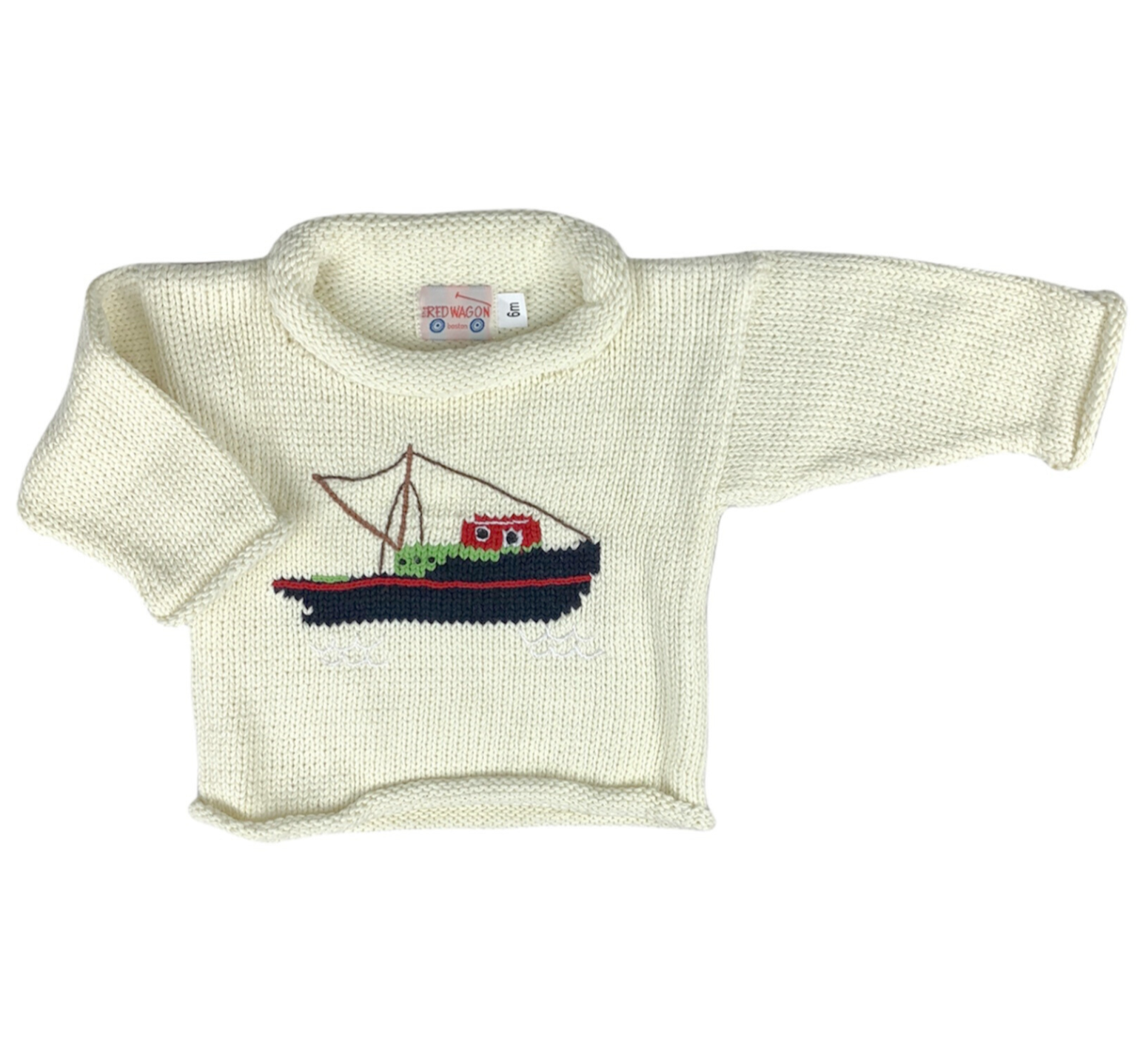 ivory sweater with black and red fishing boat