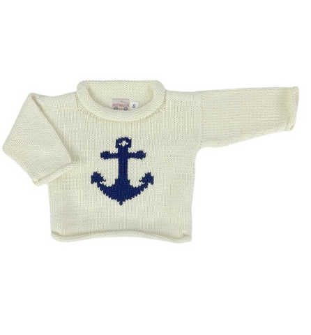 ivory roll neck sweater with navy anchor knitted on front center