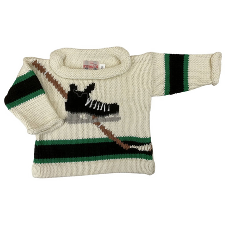 ivory long sleeve sweater with black band on waist and arms with green trim and hockey skate/stick in center