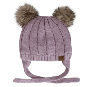 Children's Cable Knit Hat with Faux Fur Poms