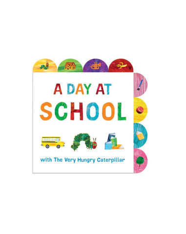 A Day at School shows colorful tabs and bus, books, and caterpillar on front