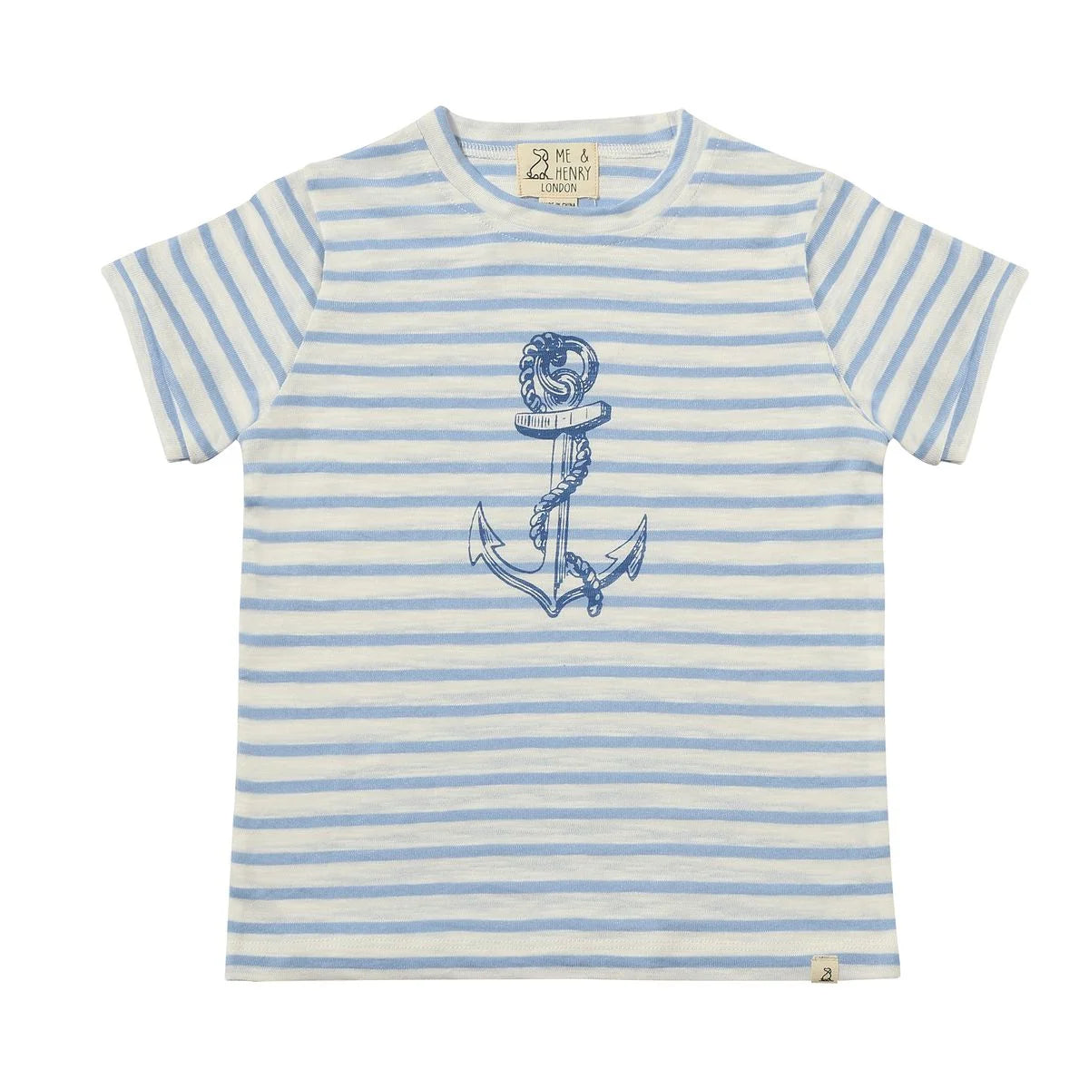 blue striped tee with anchor graphic