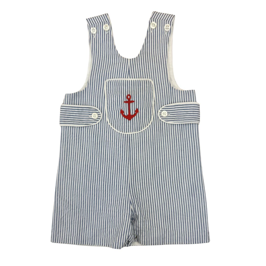 Striped overalls with a red anchor on a white background