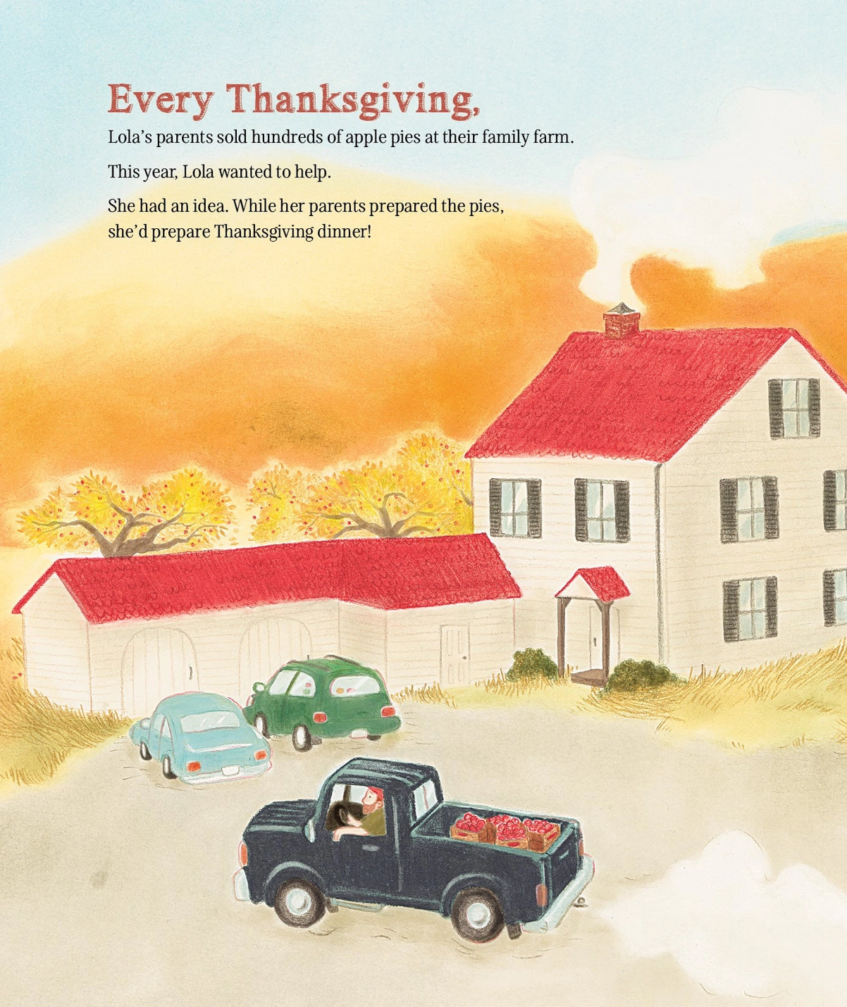 Illustration of a house with a red roof and two cars parked in front, with text about a Thanksgiving story.