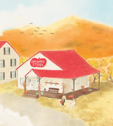 Watercolor-style illustration of a small white farmhouse with a red roof and a red sign reading &
