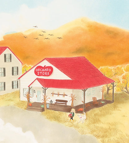 Watercolor-style illustration of a small white farmhouse with a red roof and a red sign reading &