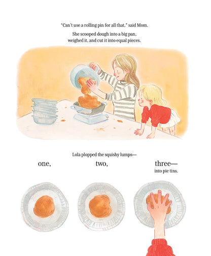 Illustration of a mother and child making pies with text and illustrations of pie-making process.