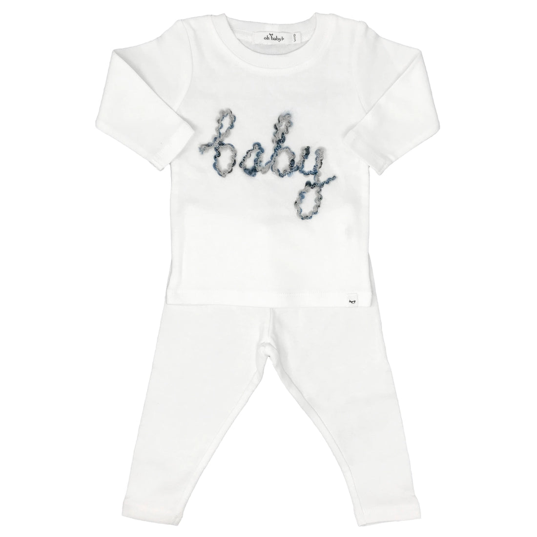 cream long sleeve top and long pants with baby written in multi blue thread