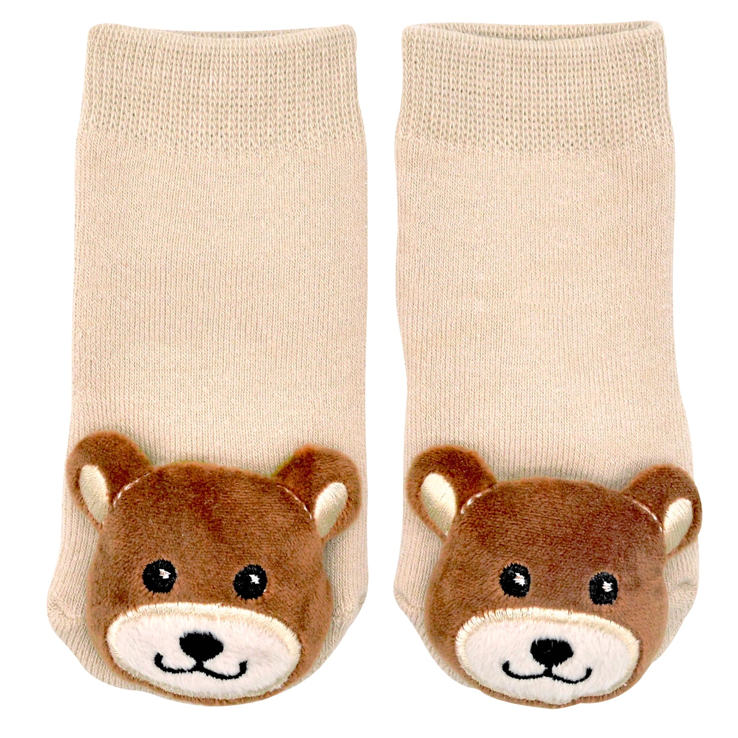 tan baby socks with teddy bear rattles on toes