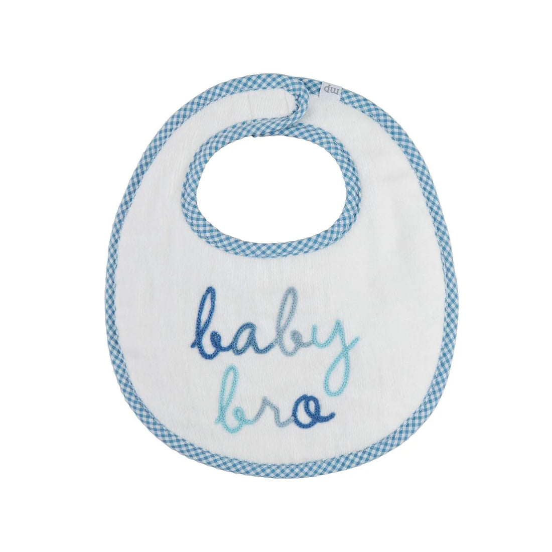 white bib with blue gingham trim and baby bro written on it
