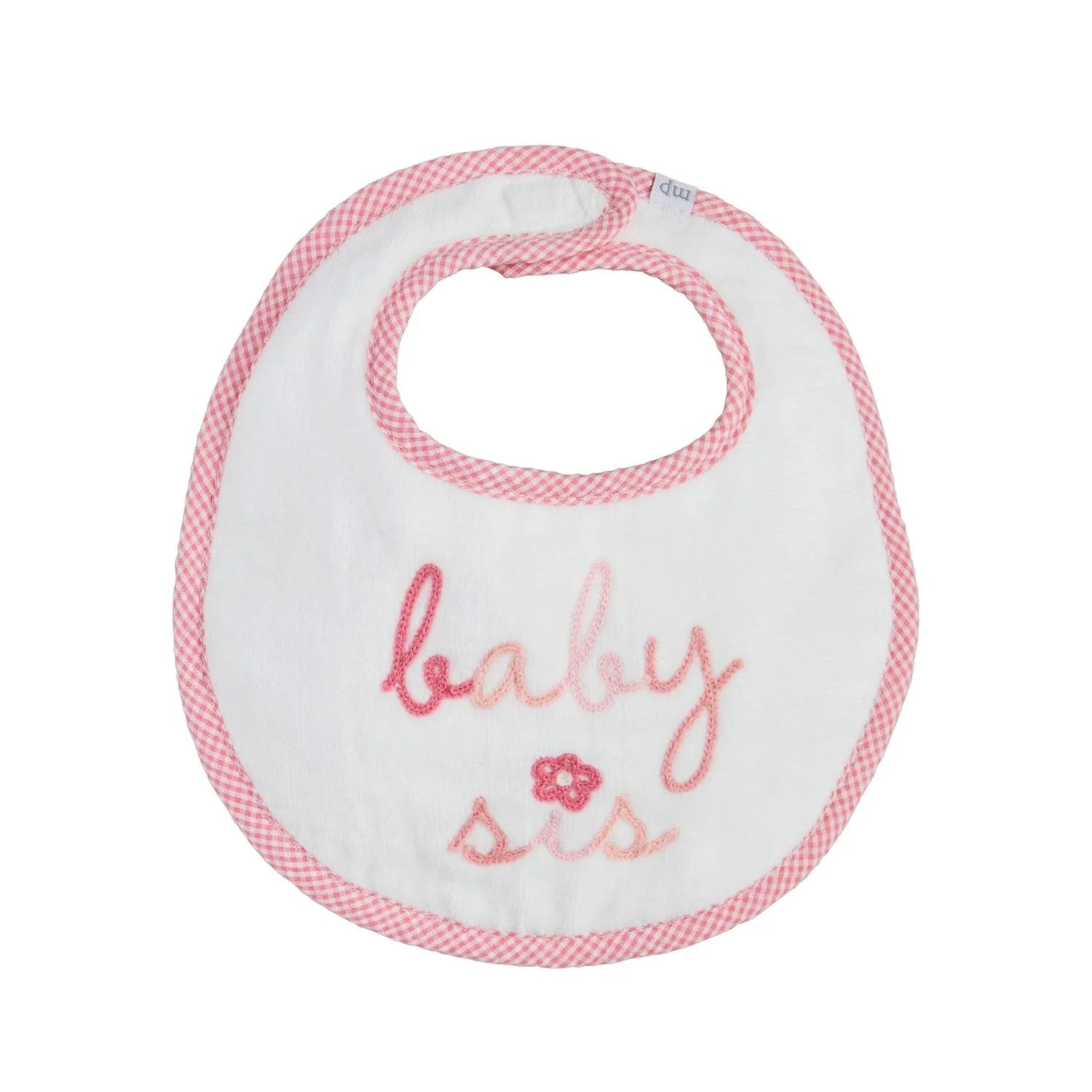 white bib with pink gingham trim with baby sis written on it