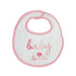 white bib with pink gingham trim with baby sis written on it