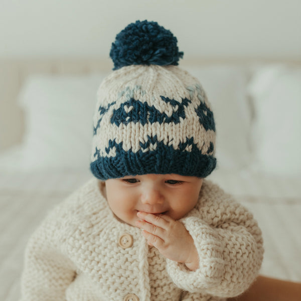 natural and blue whale knit pom hat