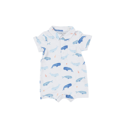 white polo romper with blue whales design