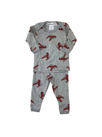 gray two piece pajamas with red lobsters all over