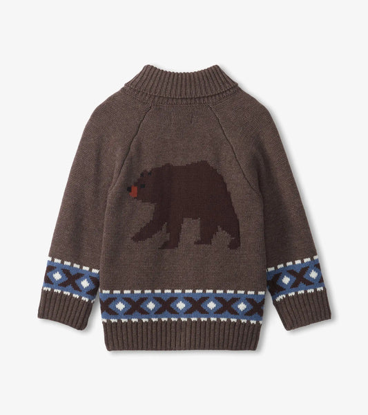 large brown bear on back of sweater with same details from the front on the back