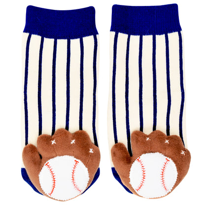 striped baby socks with baseball shaped rattles