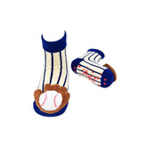 striped baby socks with baseball shaped rattles