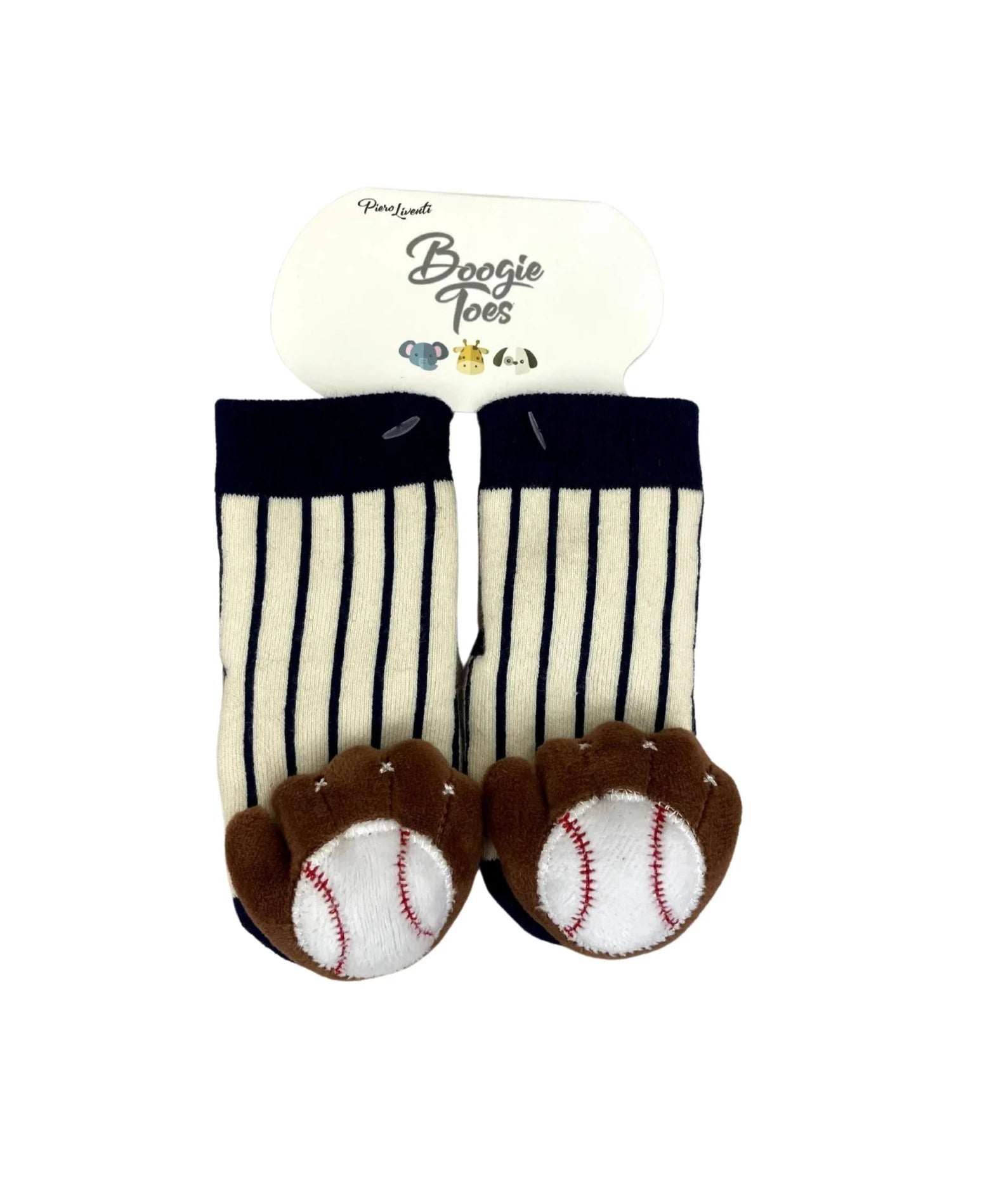 striped socks with baseball mitts and baseballs on toe