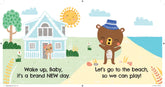Illustration of a bear character waking up and heading to the beach with text on a colorful background.