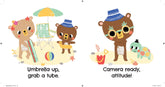 Illustrations of bears at the beach with beach accessories and text.
