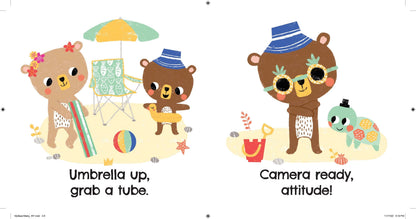 Illustrations of bears at the beach with beach accessories and text.