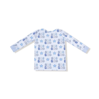 long sleeve top and long pants with Big Bro and stars all over in different shades of blue