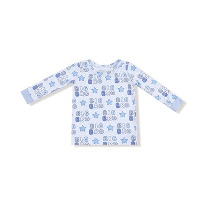 long sleeve top and long pants with Big Bro and stars all over in different shades of blue