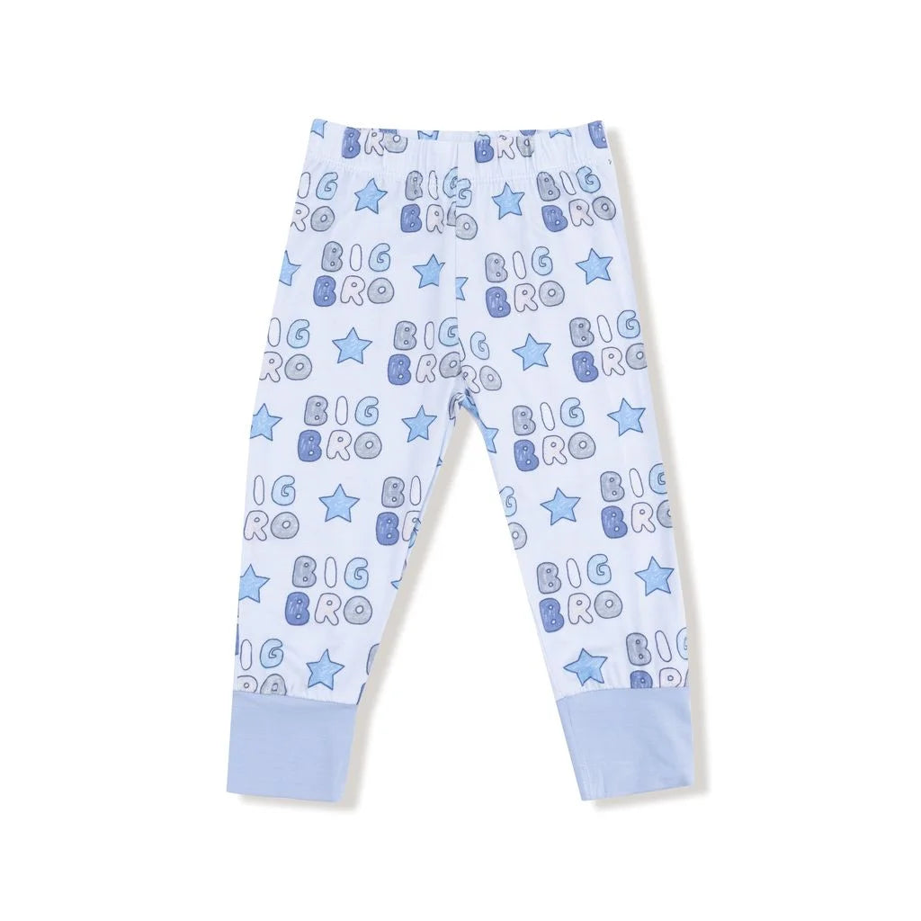long sleeve top and long pants with Big Bro and stars all over in different shades of blue