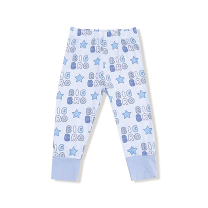 long sleeve top and long pants with Big Bro and stars all over in different shades of blue