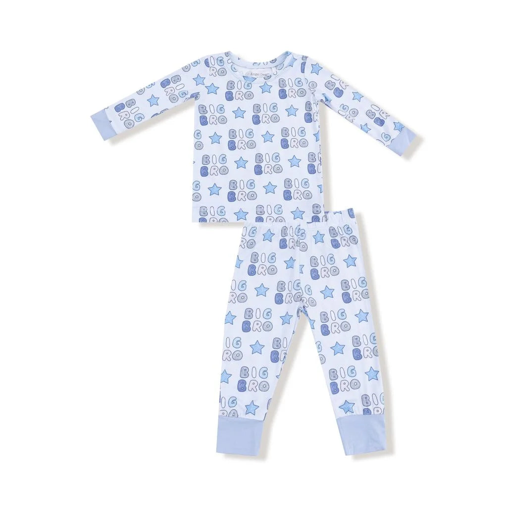 long sleeve top and long pants with Big Bro and stars all over in different shades of blue