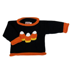 black sweater with orange trim on wrists, collar and sleeves