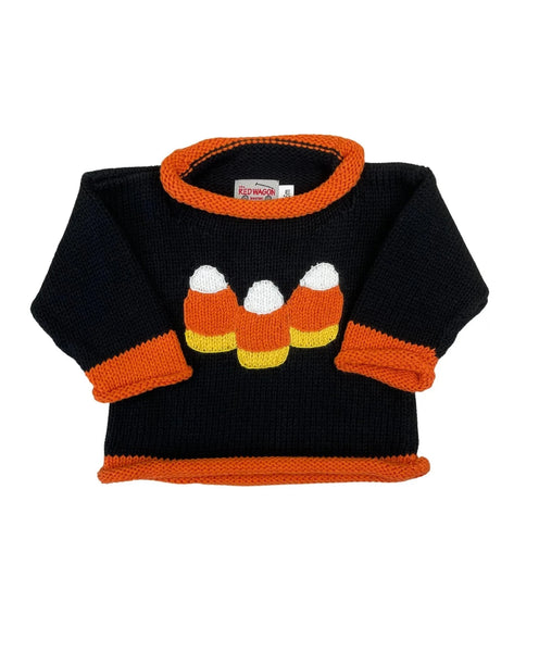 black sweater with orange trim on wrists, collar and sleeves